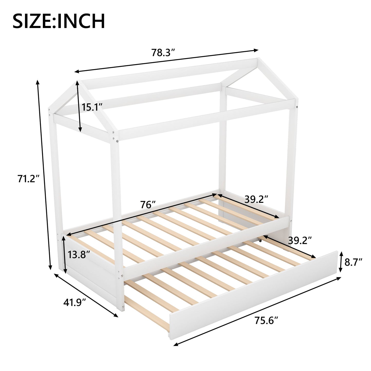 House Bed With Trundle In, Twin Size - White