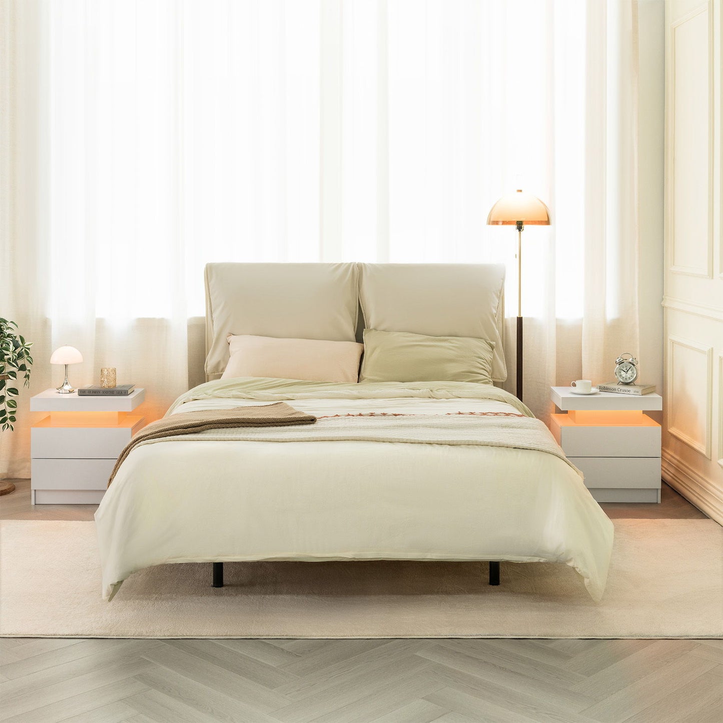 Modern LED Bedside Table Cabinet With Adjustable Lights And 2 Drawers - White