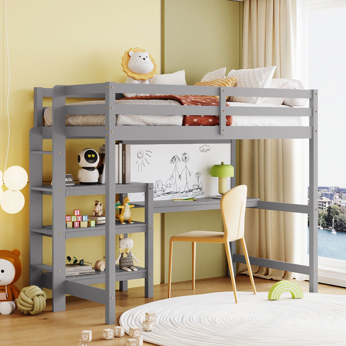 Loft Bed With Shelves, Desk And Writing Board