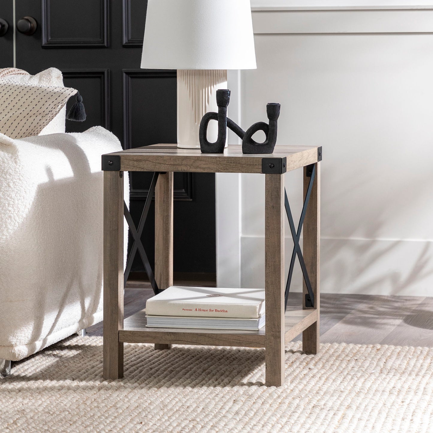 Rustic Industrial X 2 Tier Side Table - Gray Wash