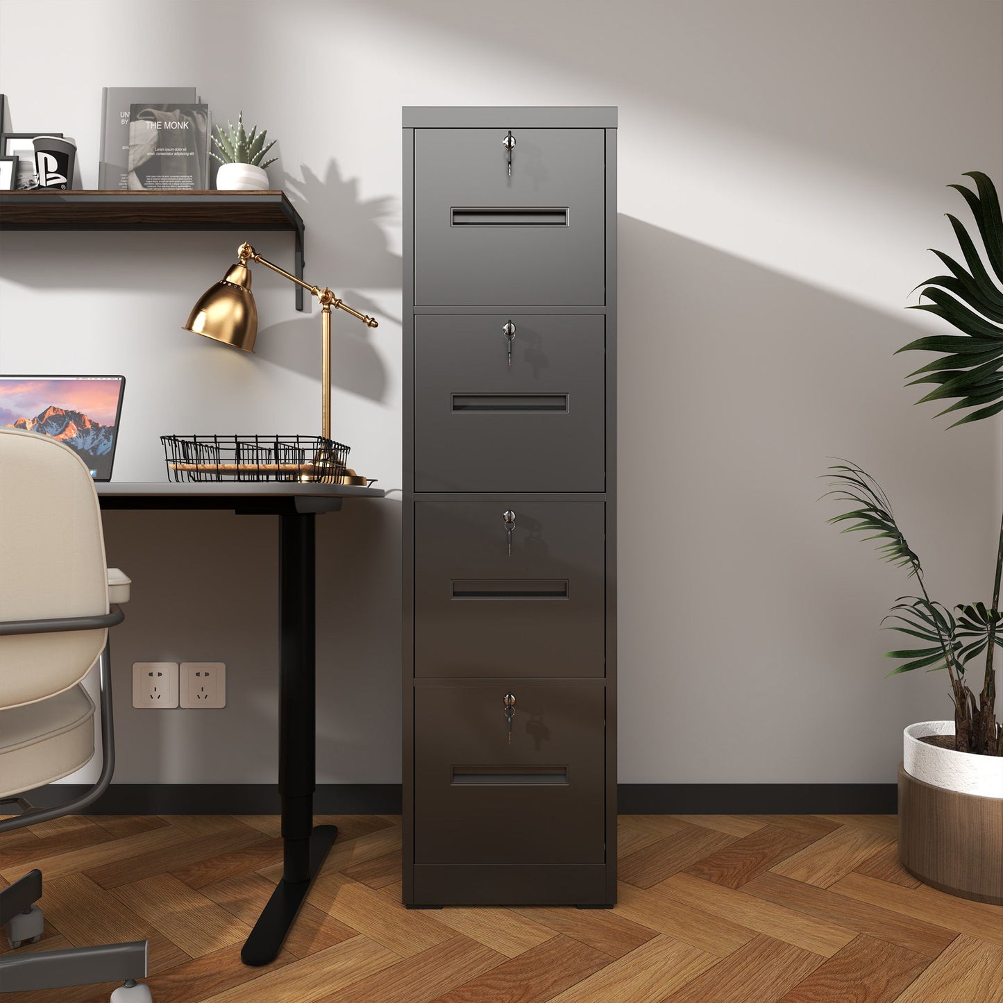 Modern 4 Drawer Metal Vertical Filing Cabinets With Lock For Home Office, Steel Construction, Letter / Legal / A4 / F4 Size - Brushed Nickel