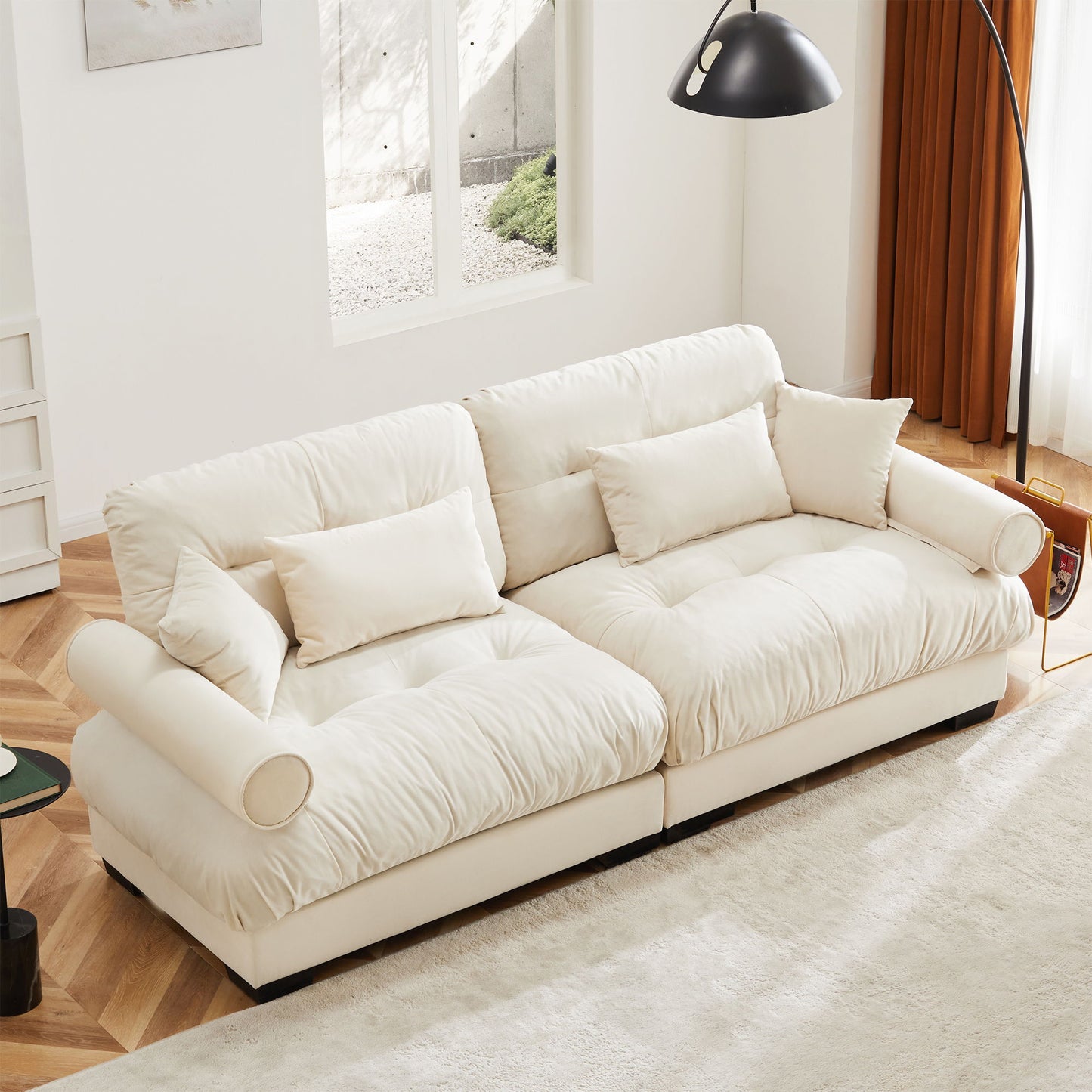 Modern Velvet Sofa With Bolstered Armrests And Pillows