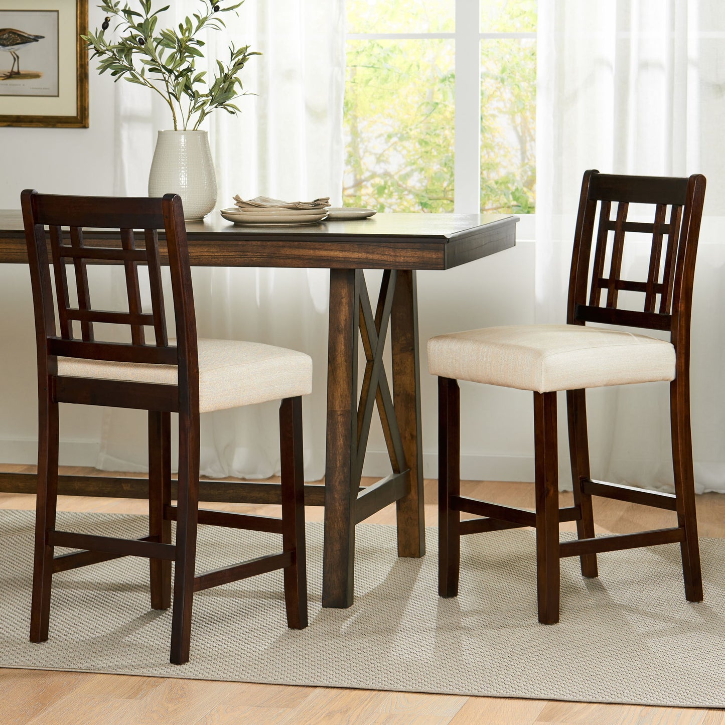 Upholstered Dining Chairs, Modern Dining Room Chairs For Dining Room Kitchen With Acacia Wood Legs (Set of 2) - Mahogany / Beige