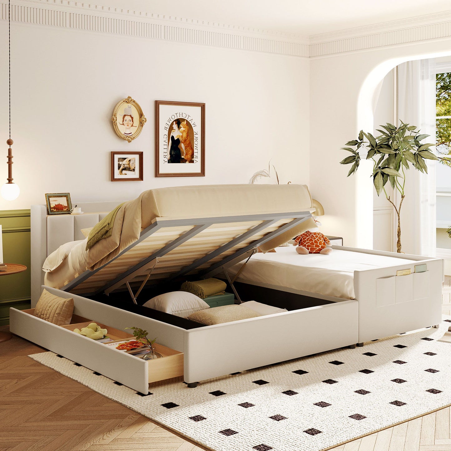 Upholstered Mother & Child Bed With Hydraulic Storage System, Drawer Box, Bedhead Storage Shelf And 2 Pairs Of Sockets & USB Ports