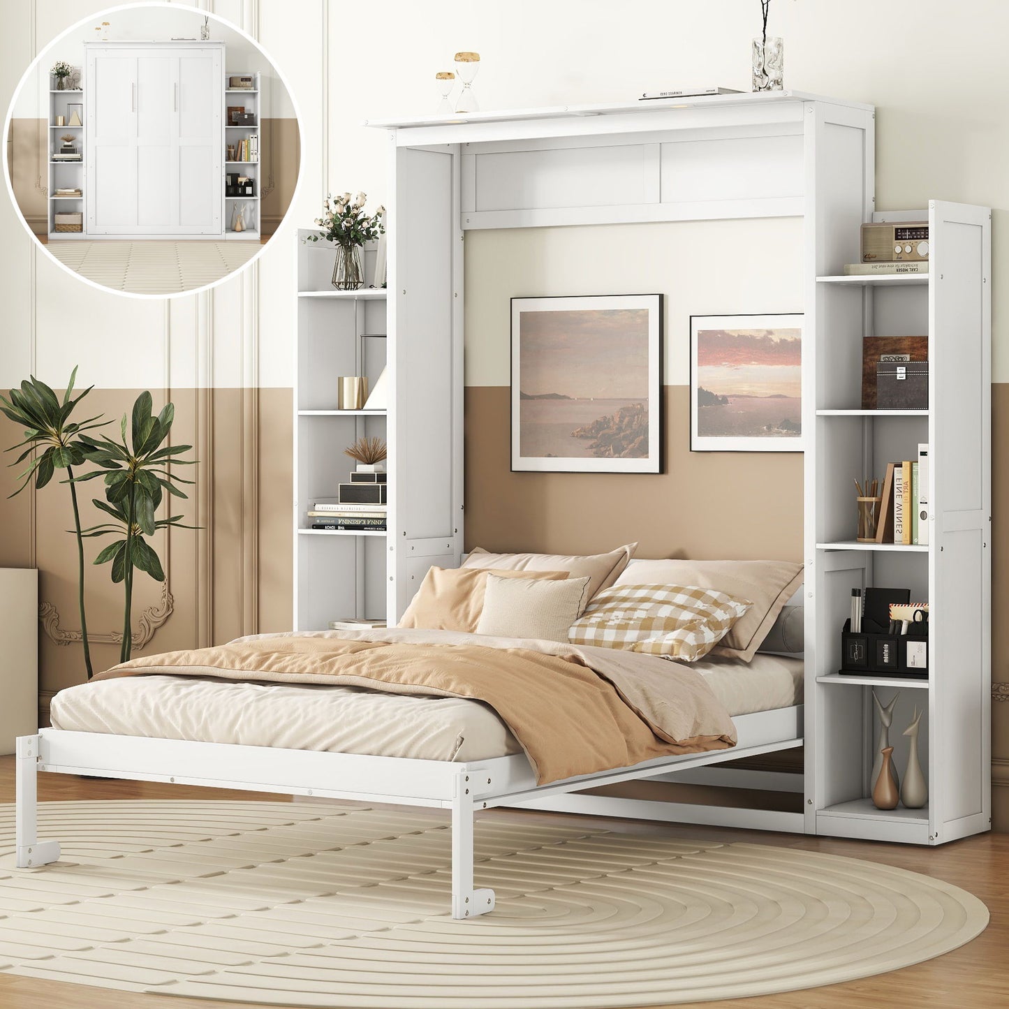 Wall Murphy Bed With Shelves And LED Lights