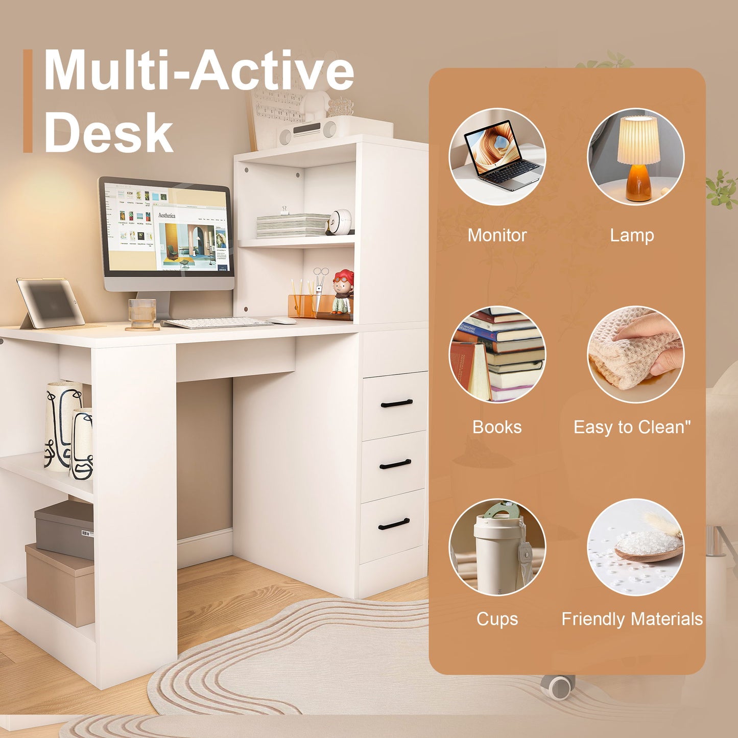 Modern Computer Desk With Built In Socket 3 Slide Drawers 4 Storage Levels - White