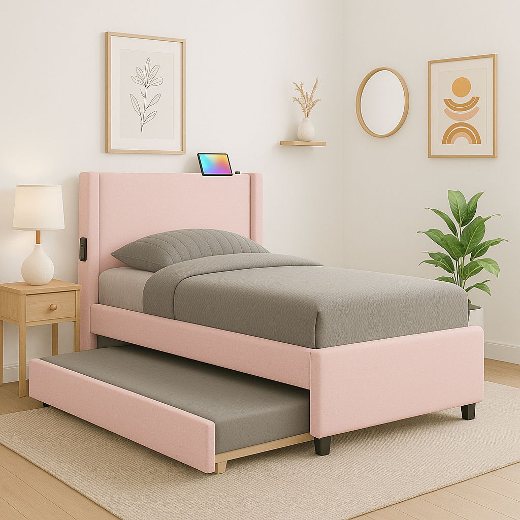Twin Size Upholstered Bed Frame With Trundle Bed, Teddy Fabric, USB Functionality, And A Pocket Design On The Side Of The Headboard For Storing Small Items - Baby Pink