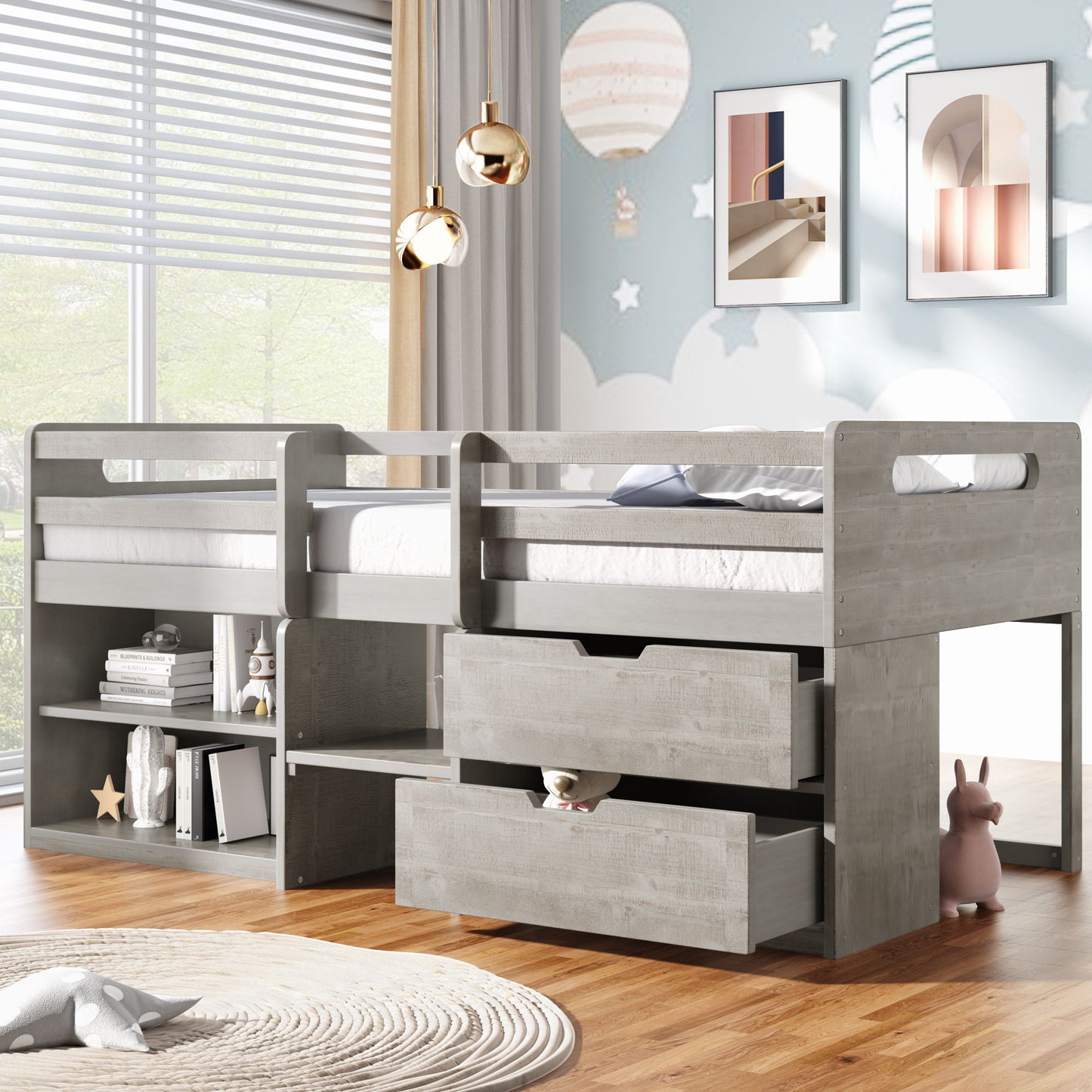 Loft Bed With Two Shelves And Two Drawers