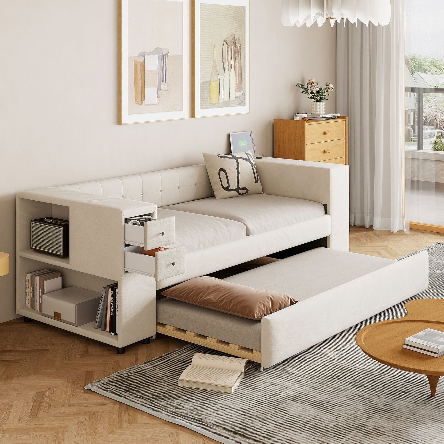 Upholstered Bed With Storage And Twin Trundle, USB Charging Ports