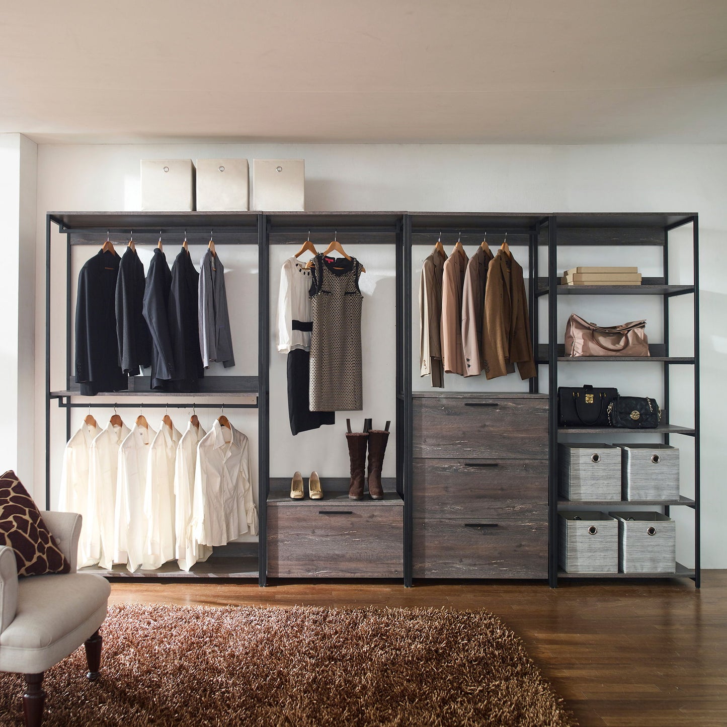 Monica - Wood Walk In Closet System, Powder Coated Metal Frame And Melamine - Rustic
