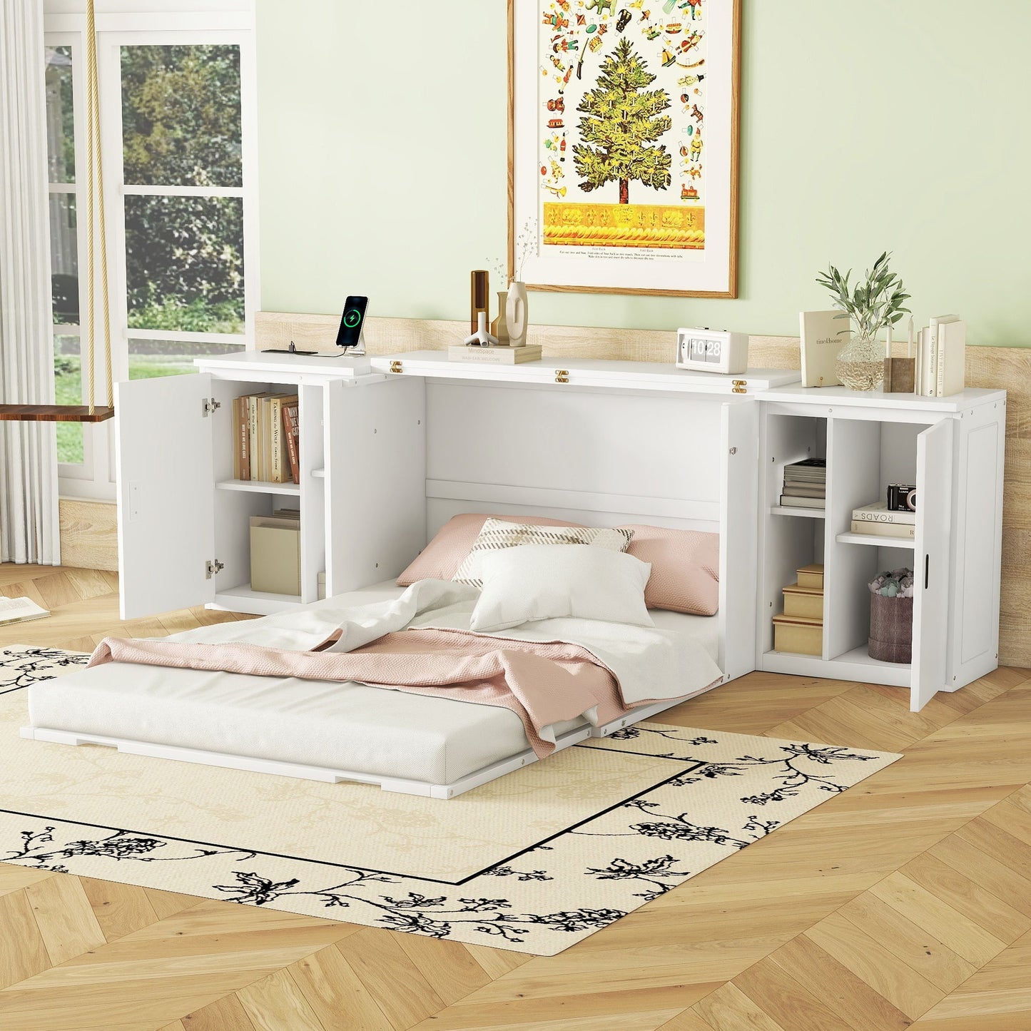 Murphy Bed With Shelves, Cabinets And USB Ports
