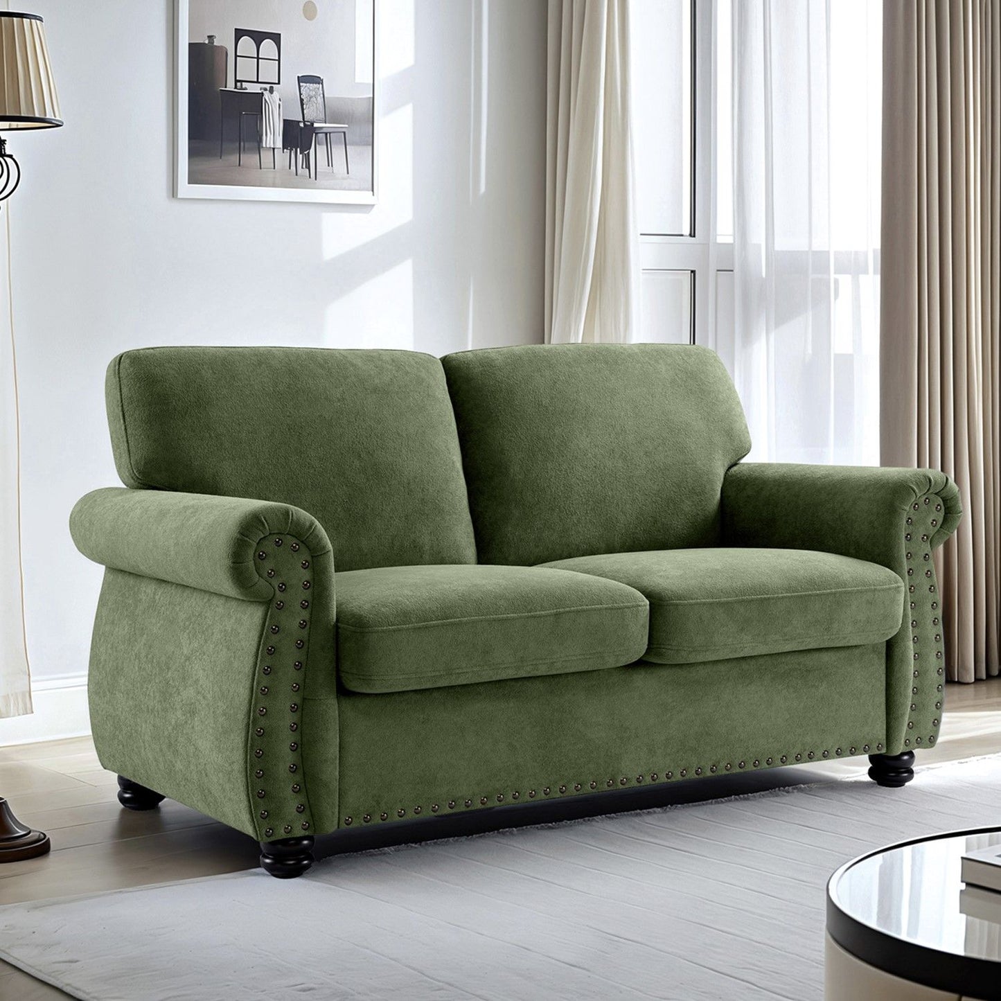 Soft Loveseat, Upholstered 2 Seater Couch, Loose Back Cushions And Turned Legs