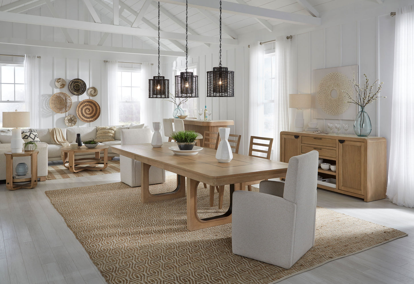 Escape - 72" Dining Buffet Server With Stone Top - Glazed Natural Oak Natural Cane Vanilla Bean Stone