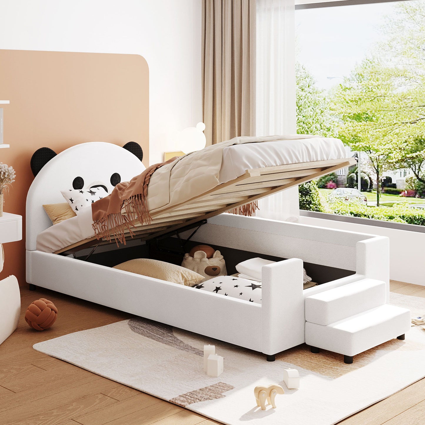 Upholstered Daybed With Bear Shaped Headboard, Hydraulic System And Breathable Mesh Fence