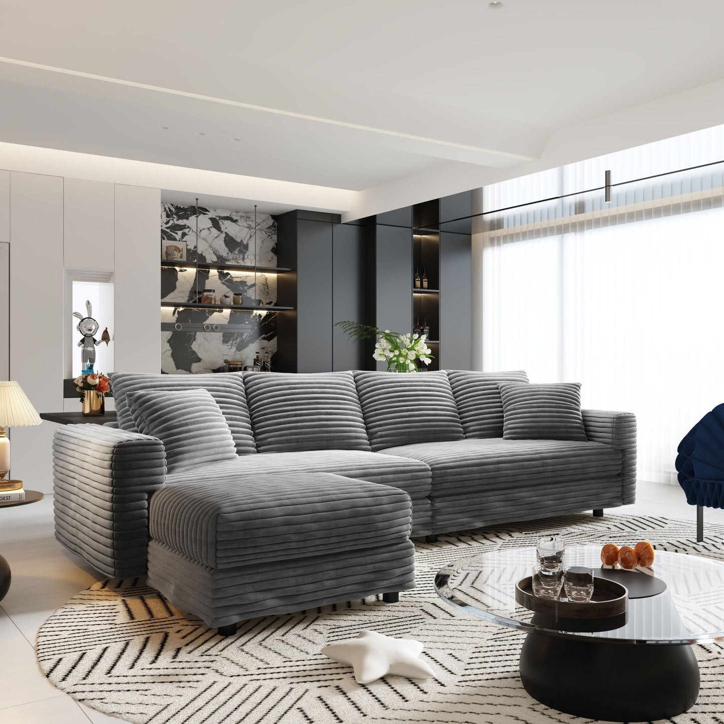 Plush Corduroy 4 Seat Sofa With Soft Pillows And Movable Ottoman
