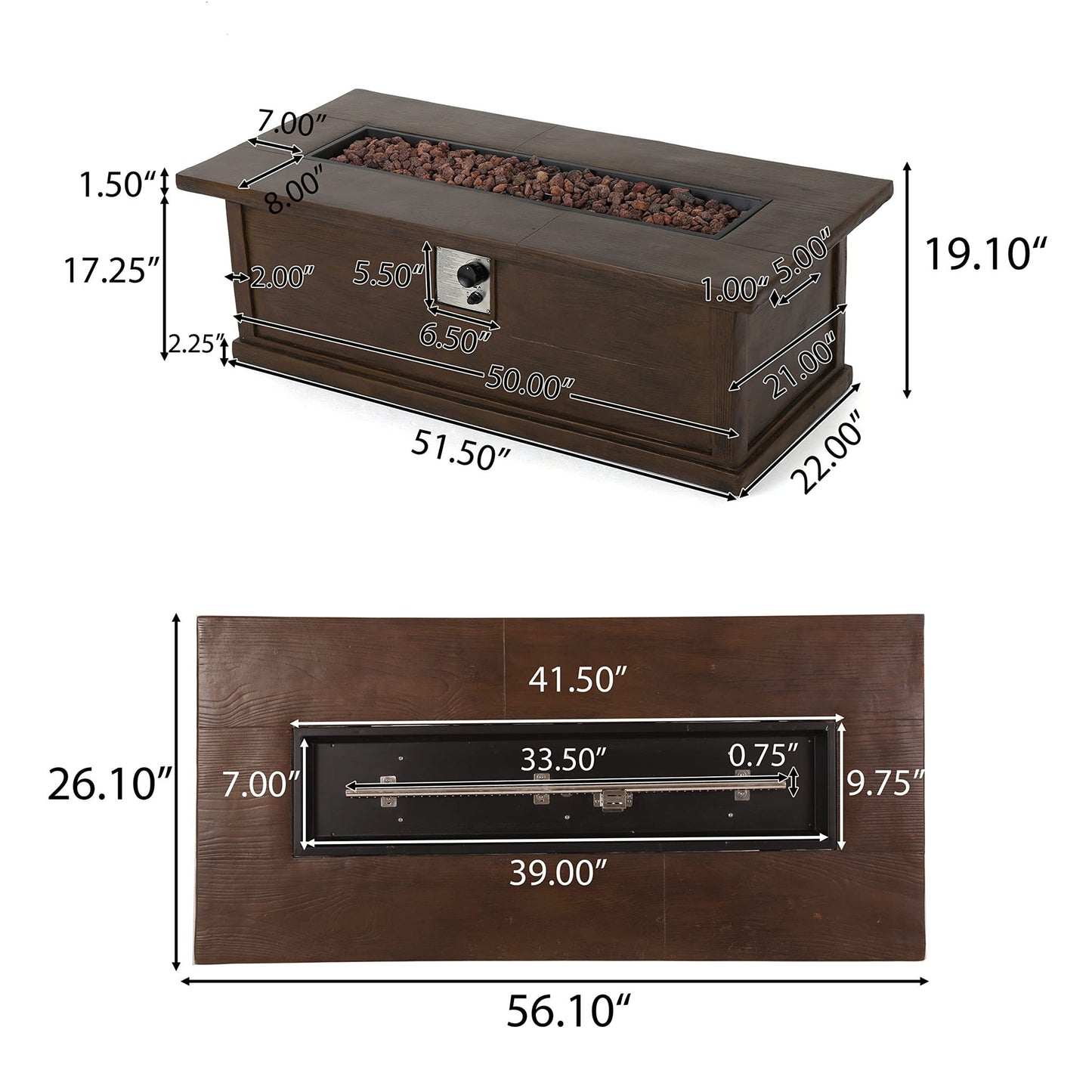 Transitional Rectangular Outdoor Propane Fire Pit With 50, 000 Btu