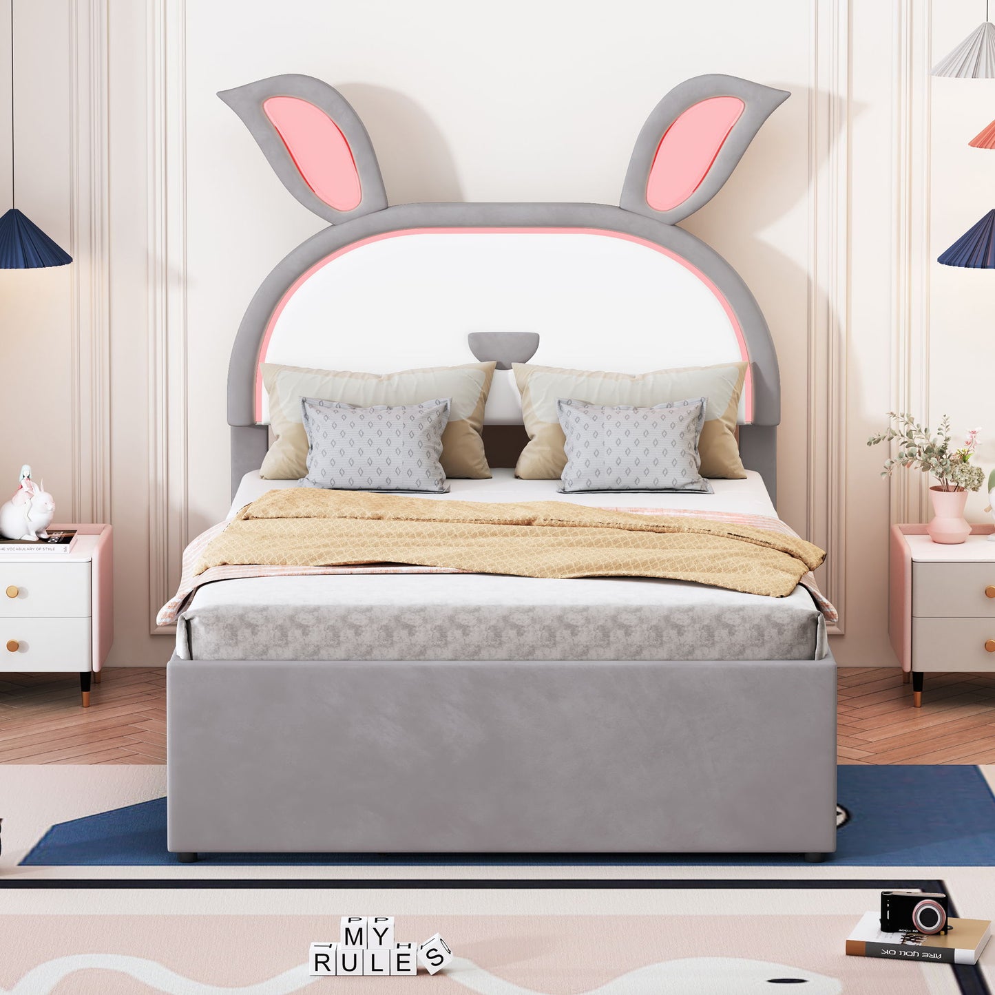 Upholstered Platform Bed With Trundle And 3 Drawers, Rabbit-Shaped Headboard With Embedded LED Lights