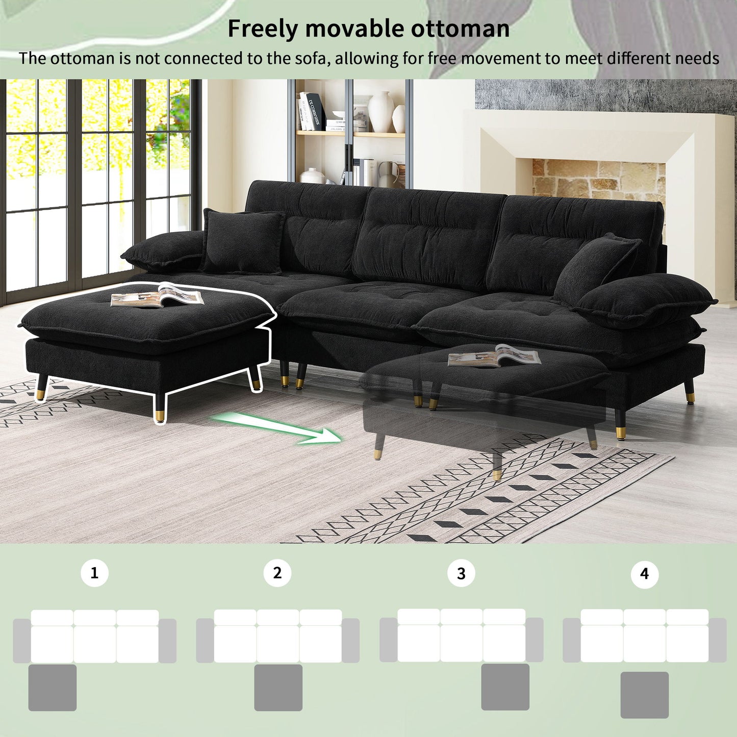 L Shaped Convertible Sectional Sofa 4 Seat Tufted Couch Set With Two Tone Adjust Legs Cloud Movable Ottoman