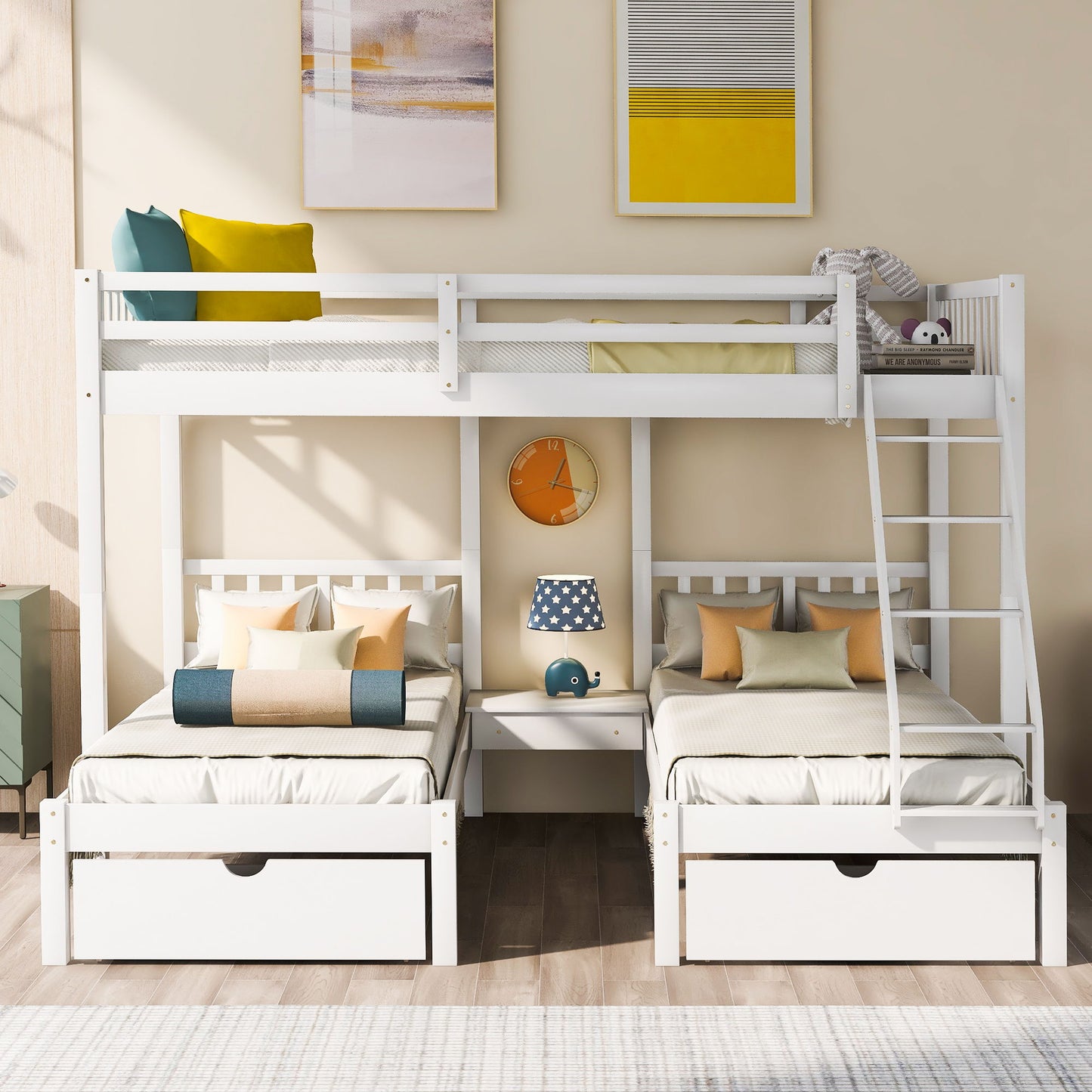 Triple Bunk Bed With Drawers And Guardrails
