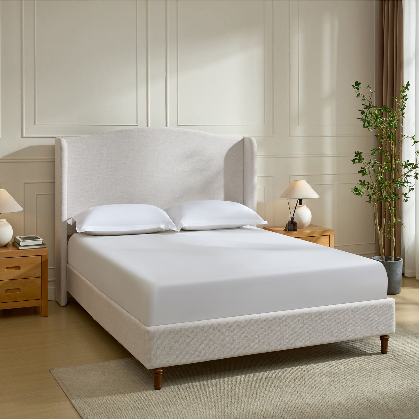 Hannah - Upholstered Wingback Bed Size / Tall Headboard Upholstered King Bed / Premium Textured Canvas Chenille Look / Minimalist Designs / No Box Spring Needed