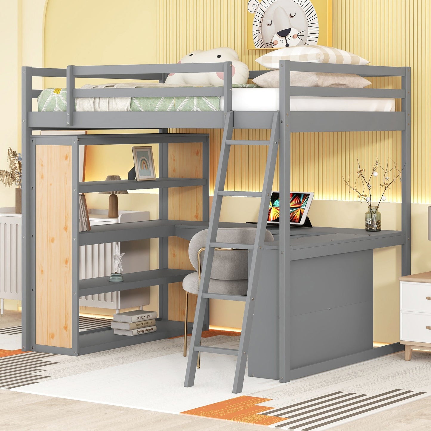 Loft Bed With Ladder, Shelves, And Desk