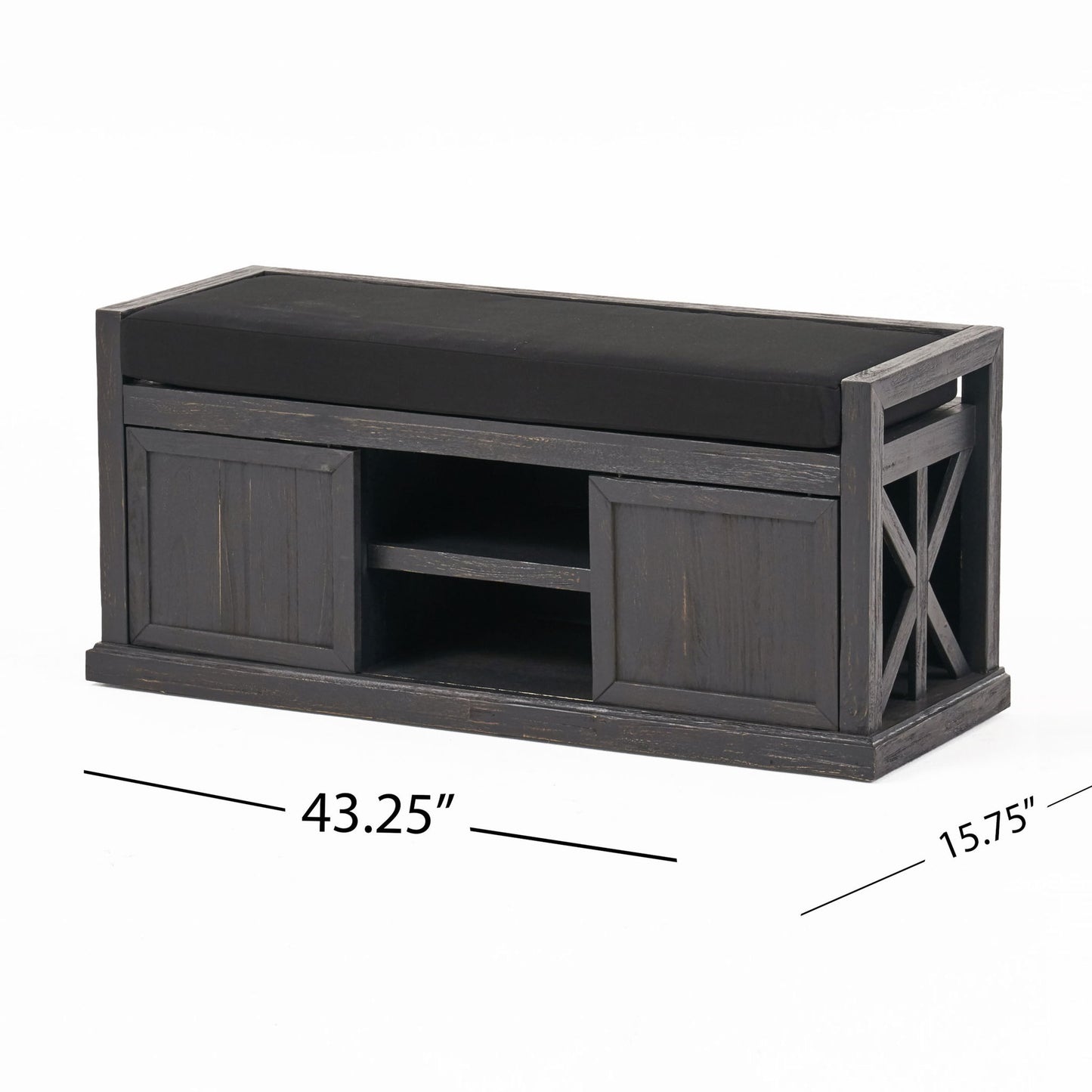 Wood Bench With 2 Open Shelves And Water Resistant Cushion - Dark Gray