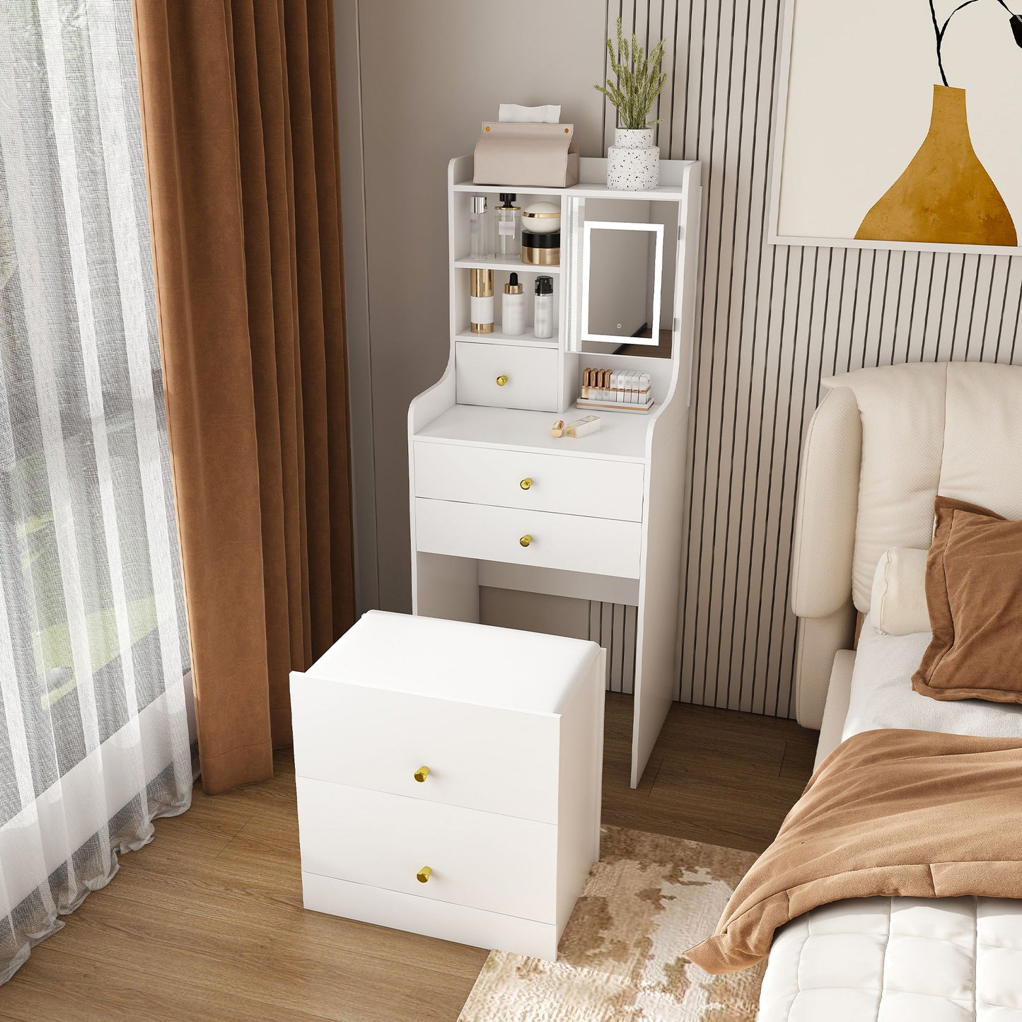 3 In 1 Dressing Table With LED Mirror & Storage Stool, Compact Makeup Vanity - White
