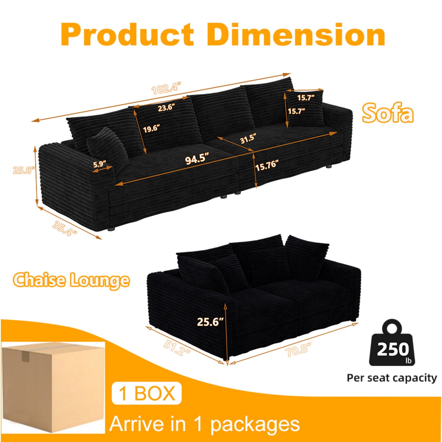Plush Corduroy 4 Seat Sofa, Modern Comfy Upholstered Sofa Cloud Couch, Deep Seat Couches With Soft Pillows