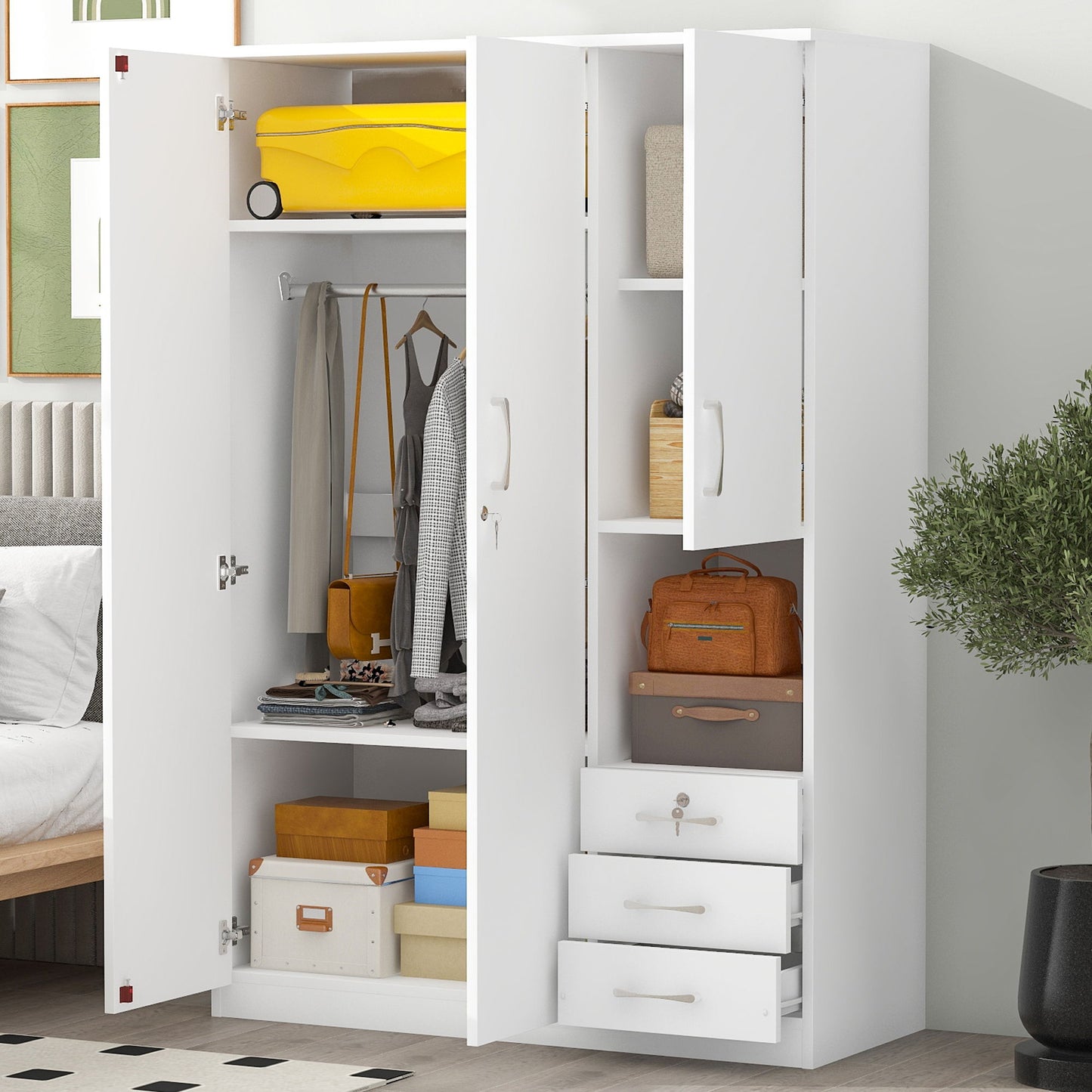 2 Doors Wardrobe Storage For Bedroom With Shelves And 3 Drawers