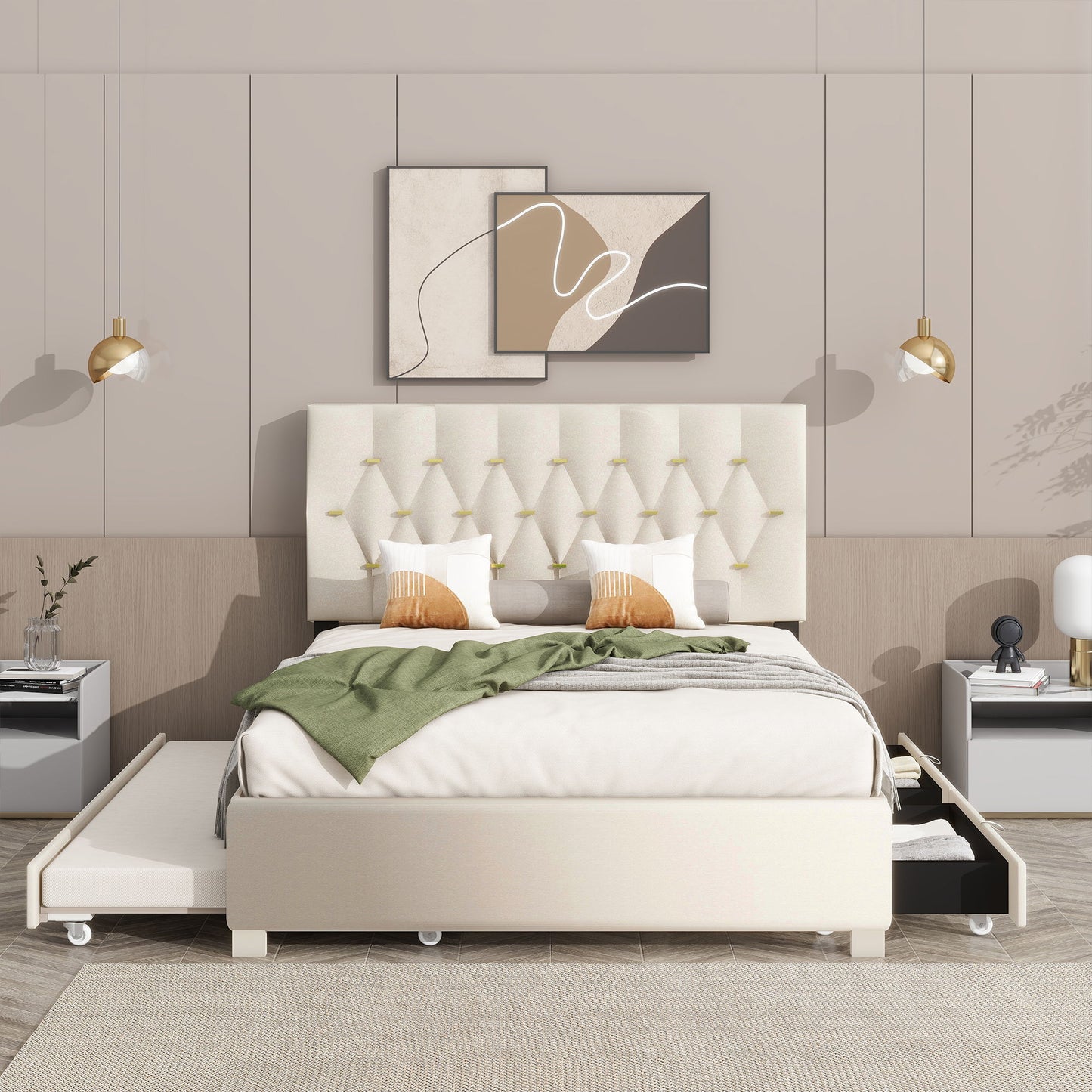 Queen Bed With Pull Out Trundle & Storage Drawers, No Box Spring Required, Space Saving Design - Beige