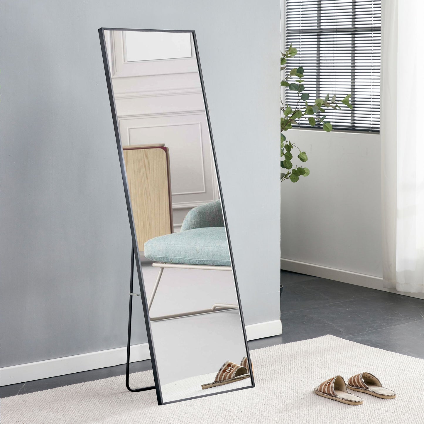 Aluminum Alloy Metal Frame Wall Mounted Full Body Mirror - Black