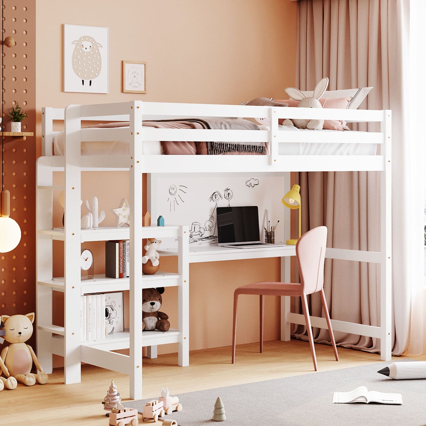 Loft Bed With Shelves, Desk And Writing Board