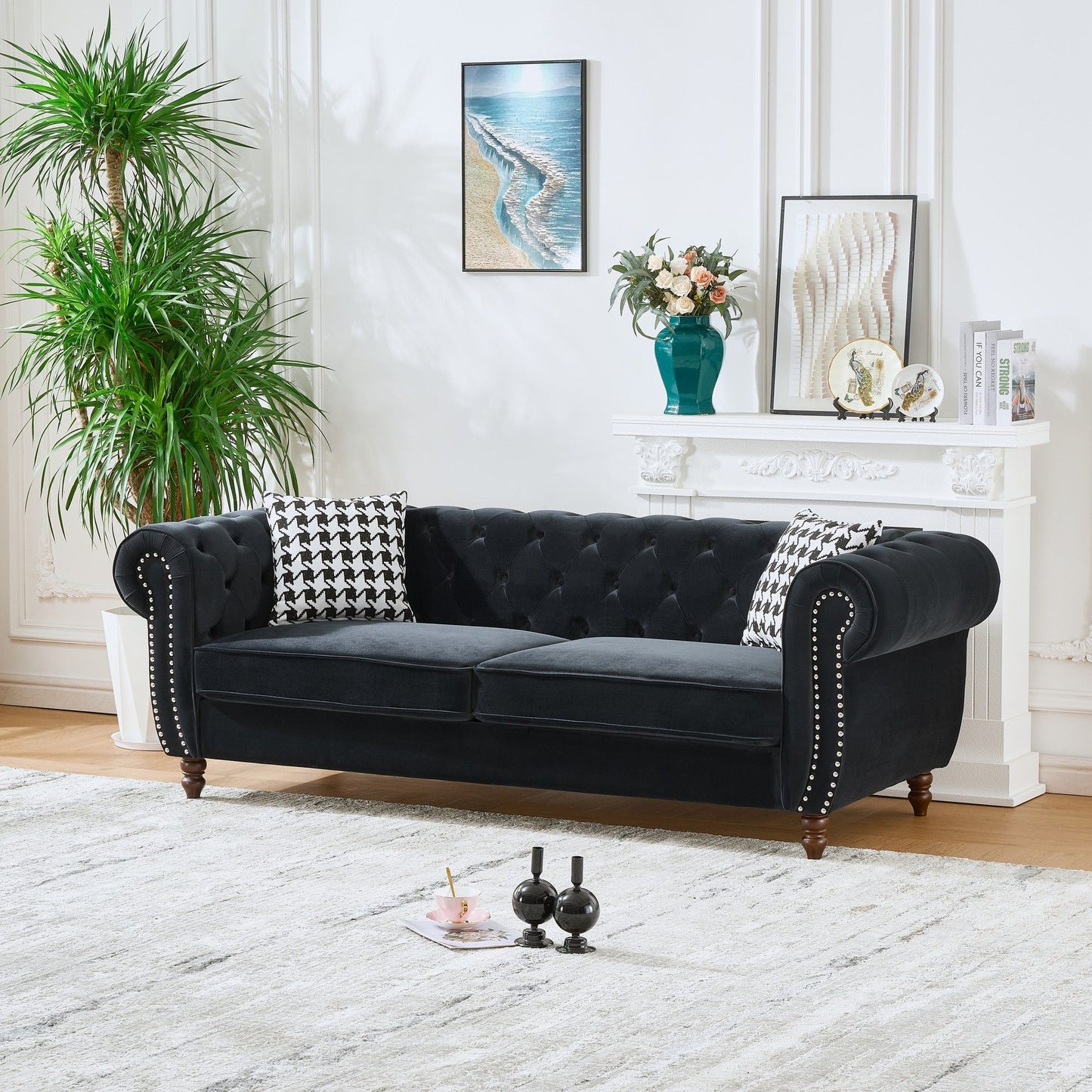 Chesterfield Velvet Upholstery Fabric Sofa With Roll Armrest & Nailhead