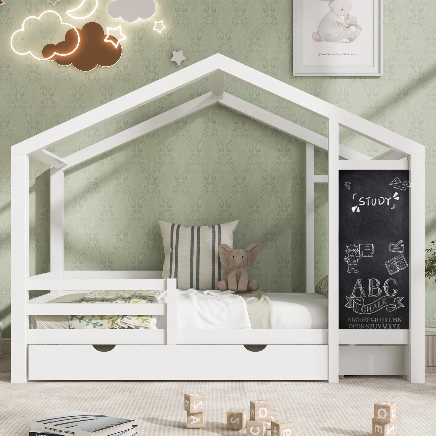 Twin House Bed With Blackboard And Drawers, 2 Assembly Options - White