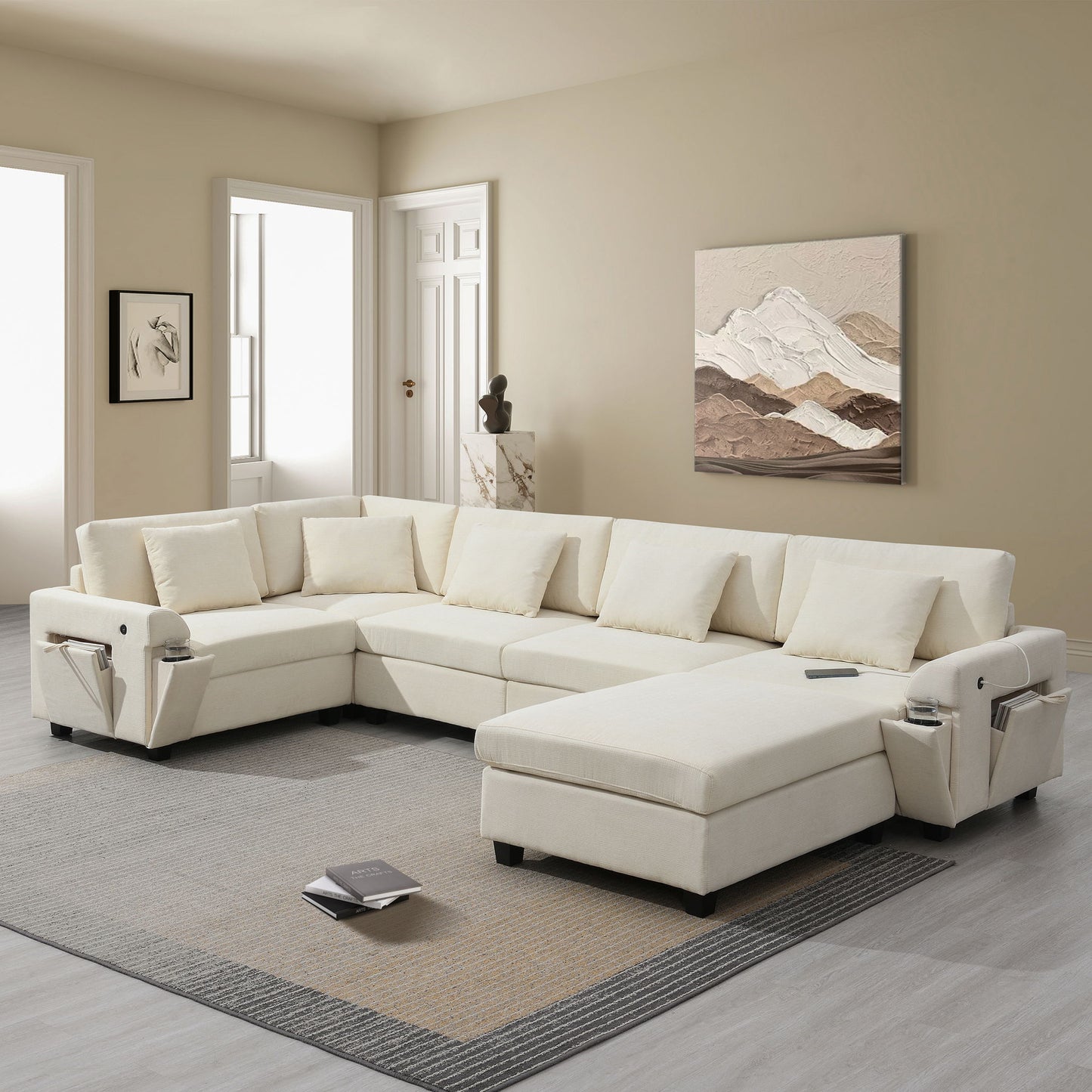 U Shaped Sectional Sofa 6 Seat Couch Set With Oversized Ottoman, Hidden Armrest Storage And Cup Holders USB Charging Ports Wide Seat Sofa