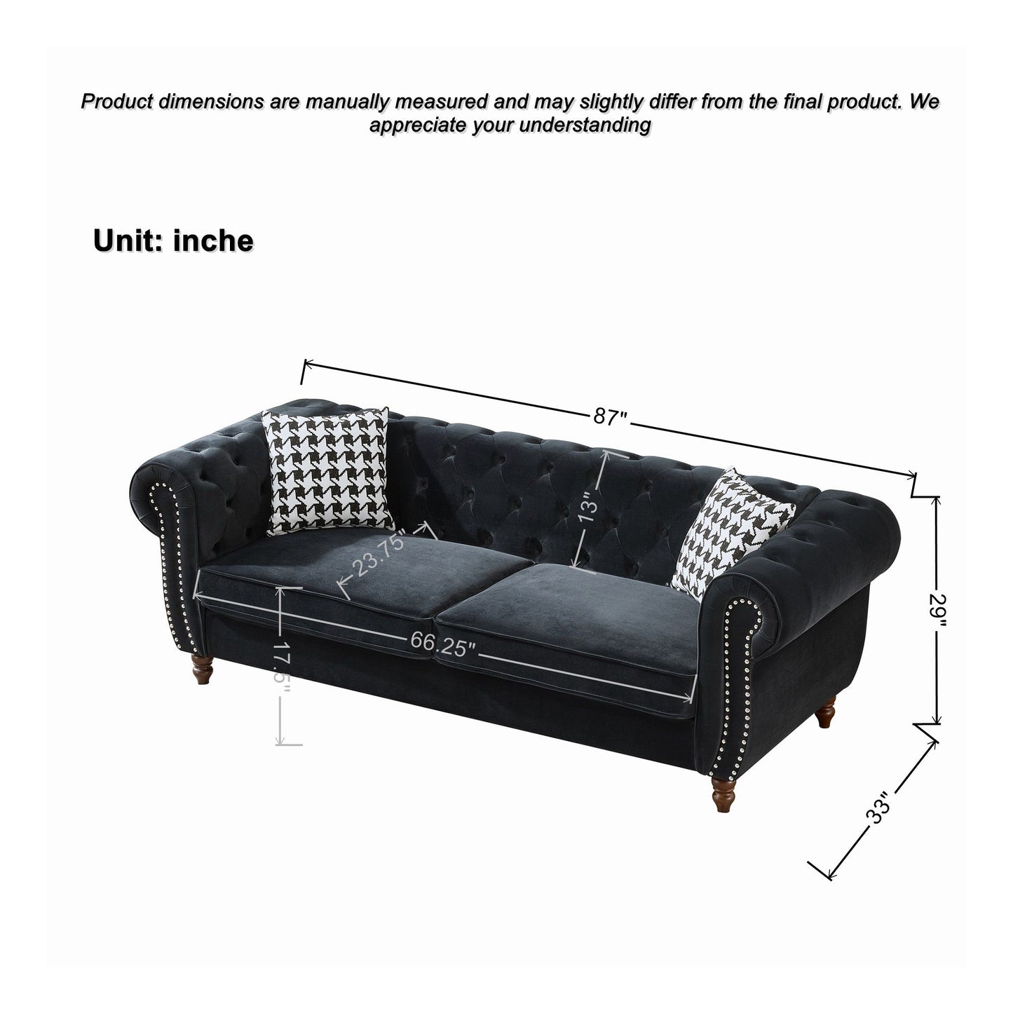Chesterfield Velvet Upholstery Fabric Sofa With Roll Armrest & Nailhead, Mid Century Modern 3 And 3 Seater Couch