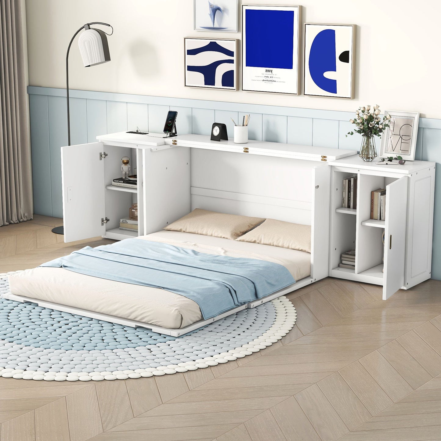 Murphy Bed With Shelves, Cabinets And USB Ports
