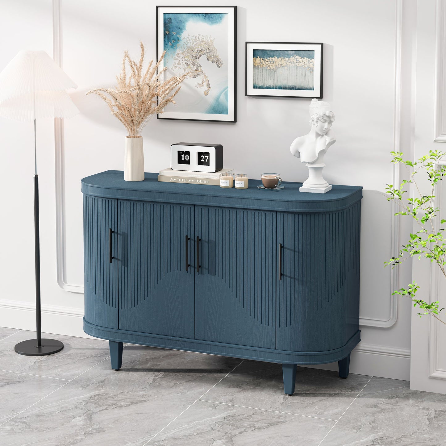 Curved Sideboard Wooden Console Table With 4 Doors And Adjustable Shelves For Living Room - Blue