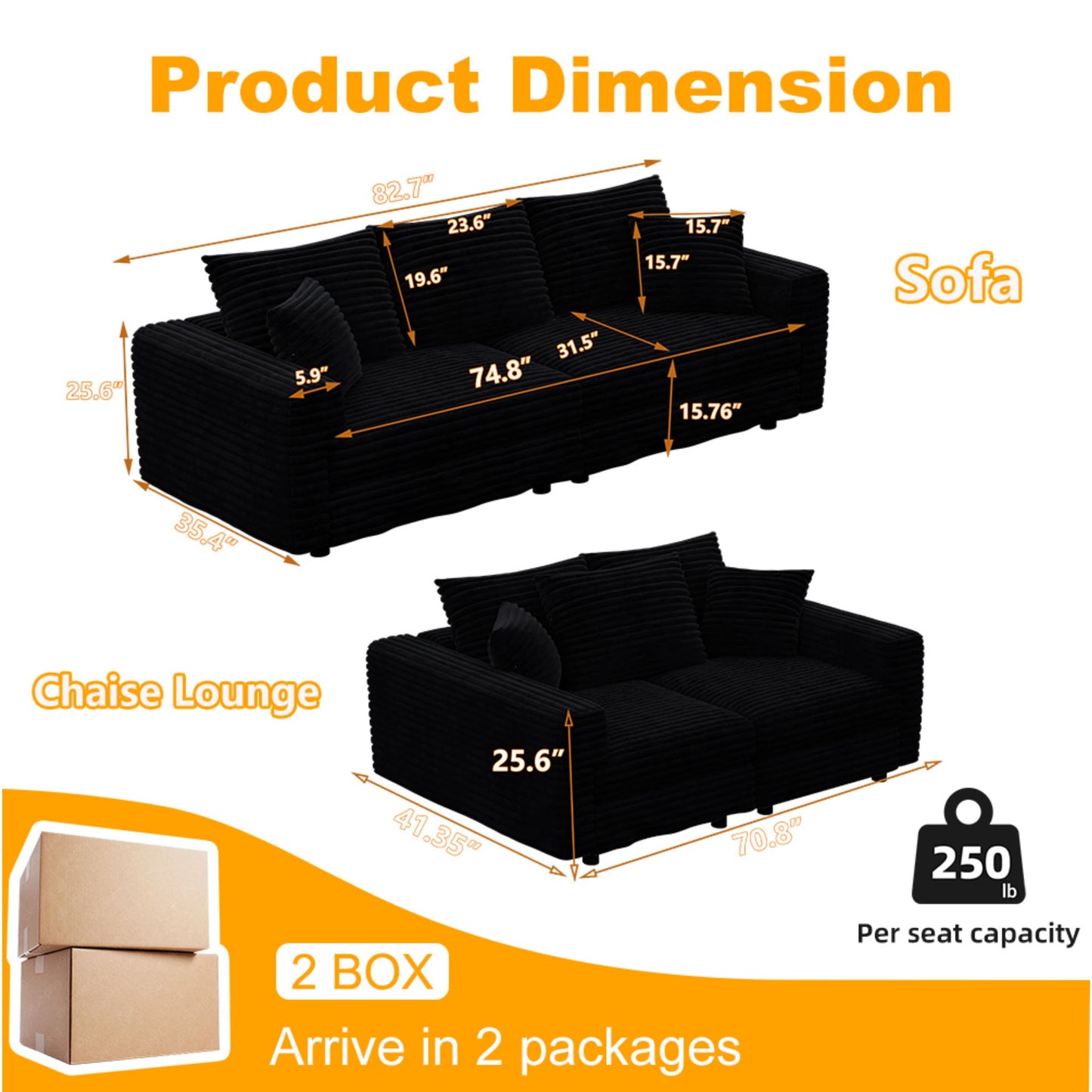 Plush Corduroy 4 Seat Sofa, Modern Comfy Upholstered Sofa Cloud Couch, Deep Seat Couches With Soft Pillows