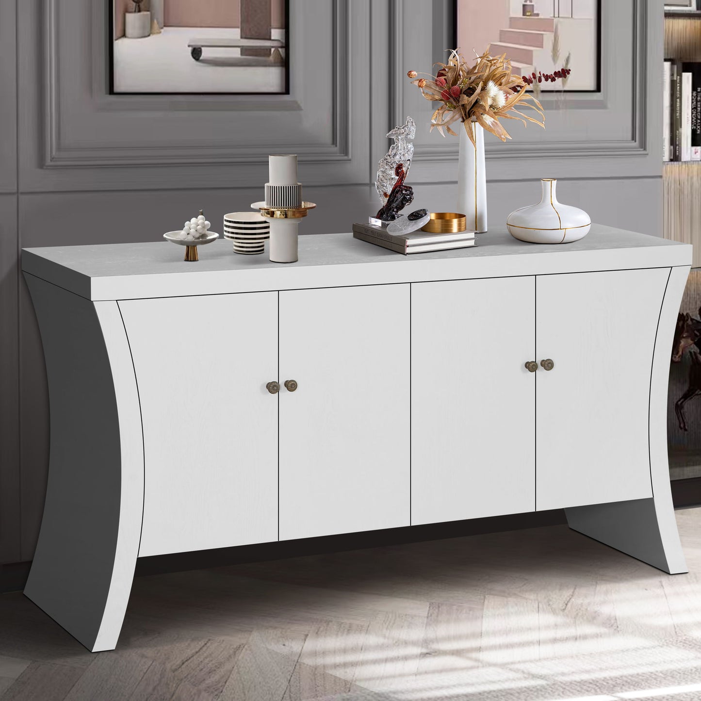 Refined Industrial 4 Door Credenza With Arc Legs & Bronze Clasps