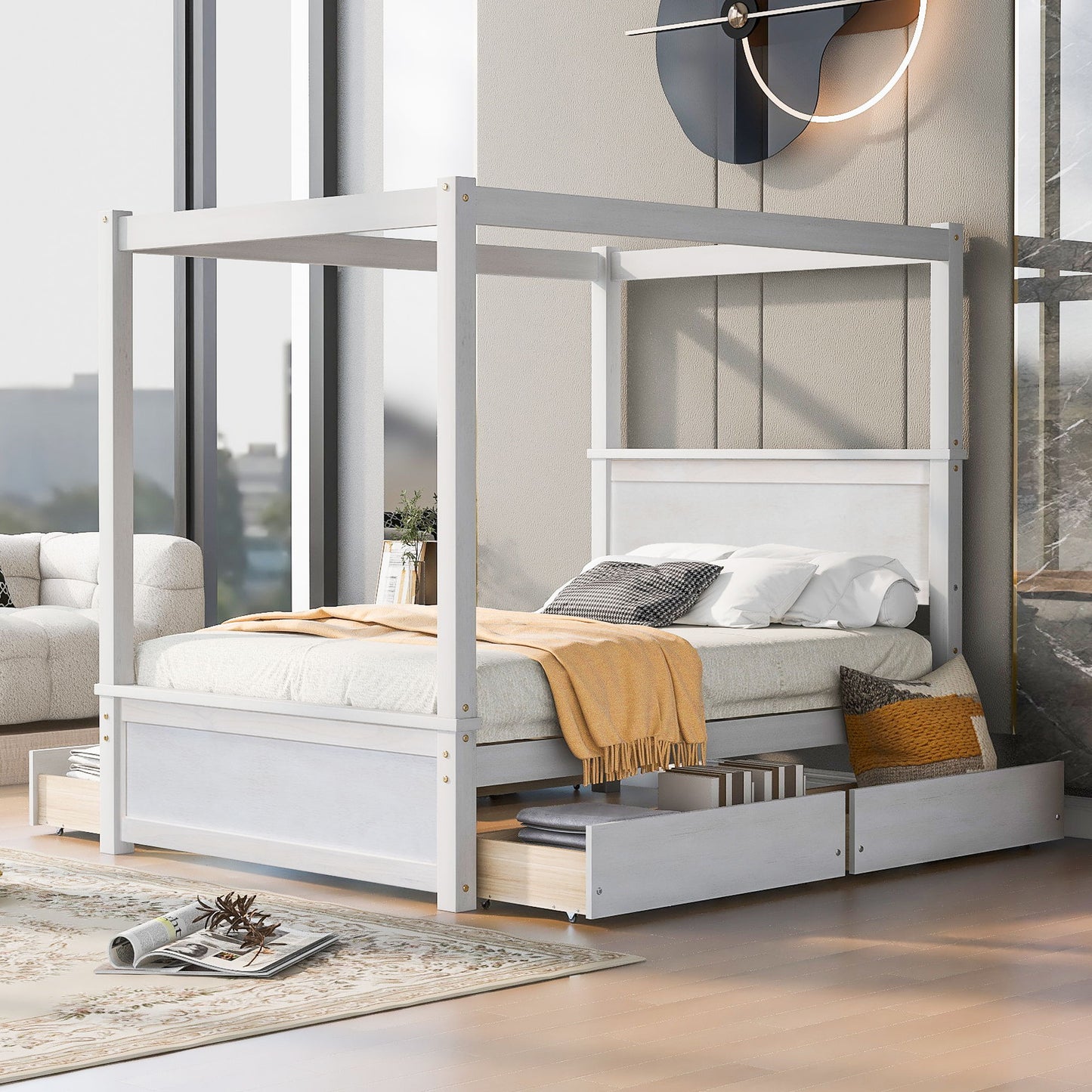 Canopy Platform Bed With Drawers, Support Slats, No Box Spring Needed