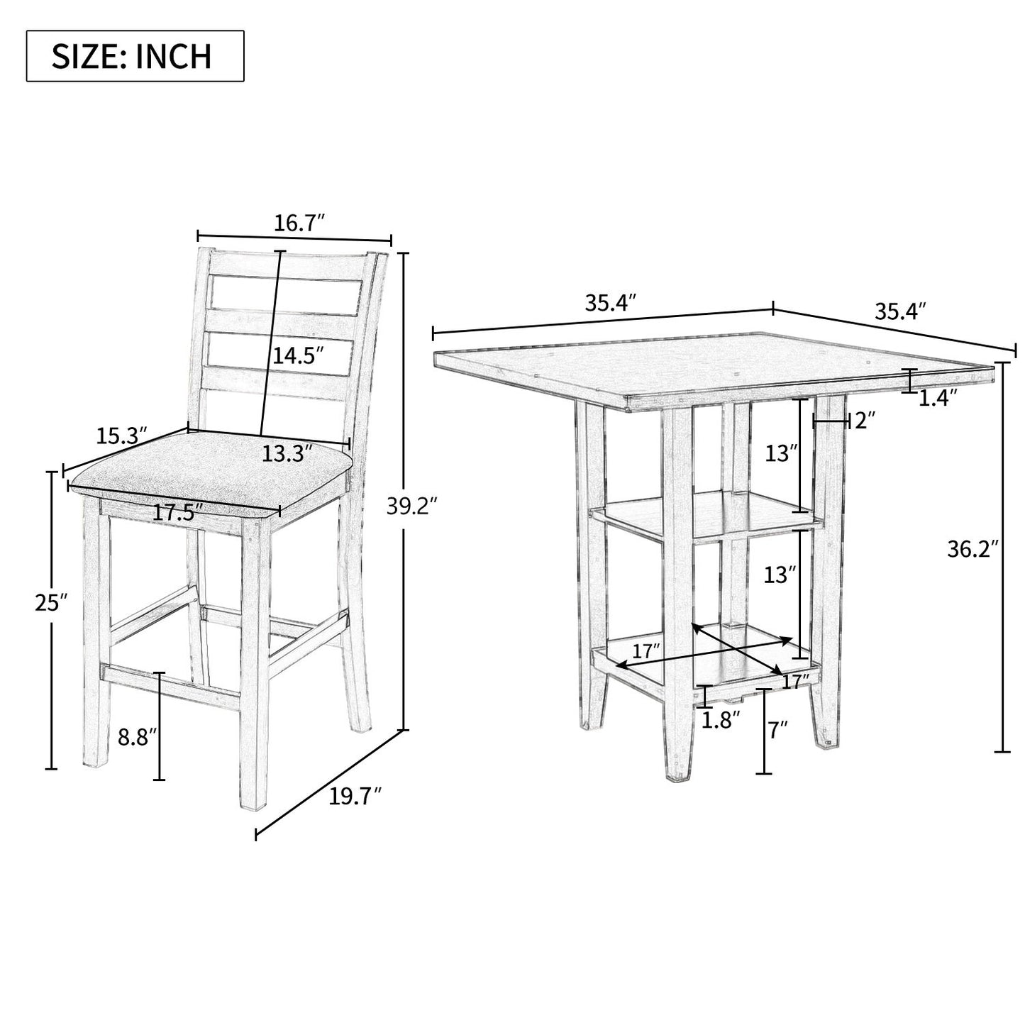 5 Piece Wooden Counter Height Dining Set With Padded Chairs, Storage Shelving