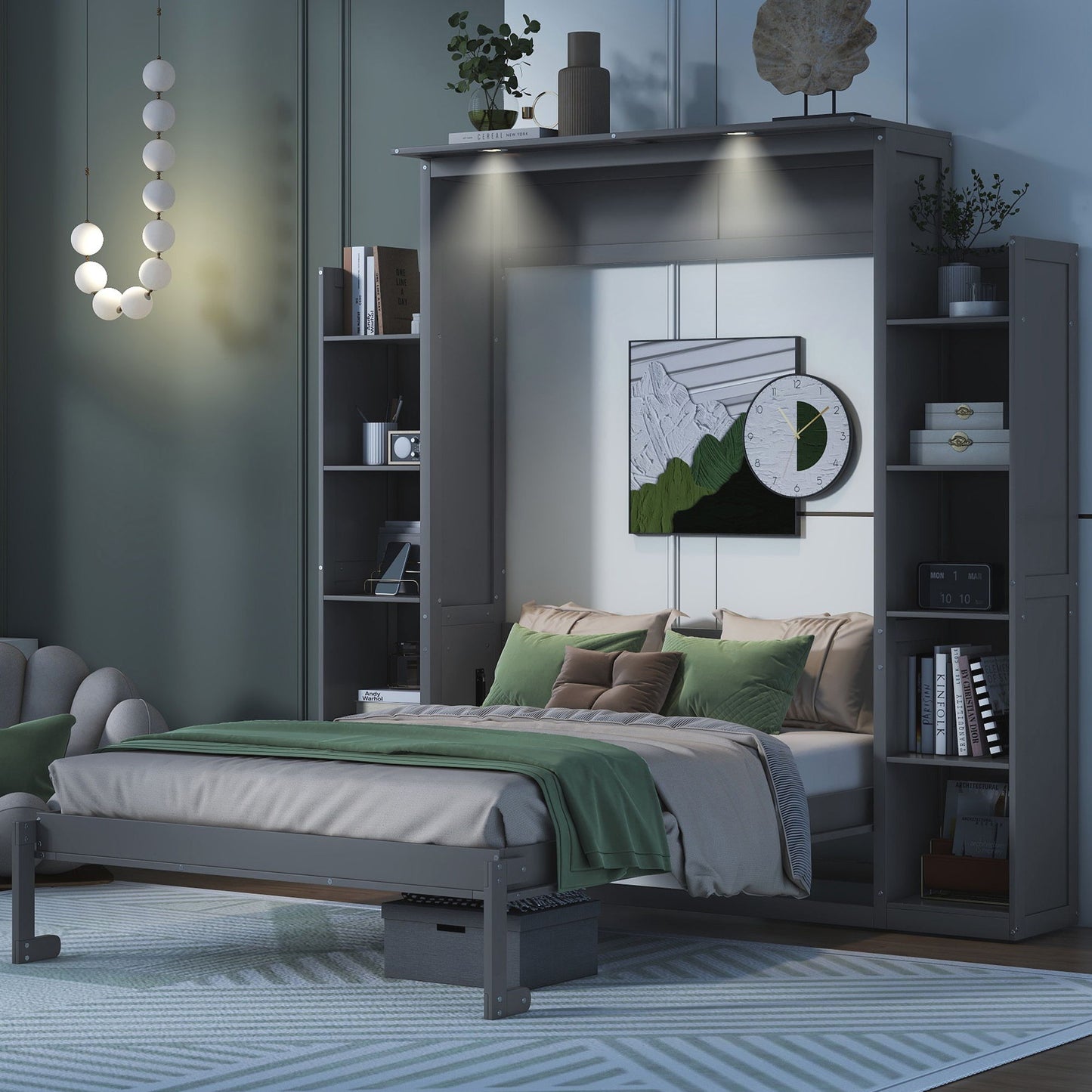 Wall Murphy Bed With Shelves And LED Lights