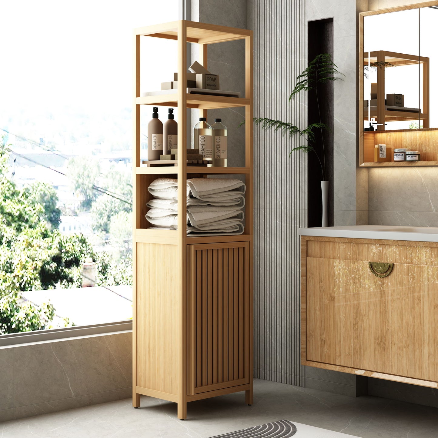 Storage Cabinet With Tall Tower, Multifunctional For Bathroom