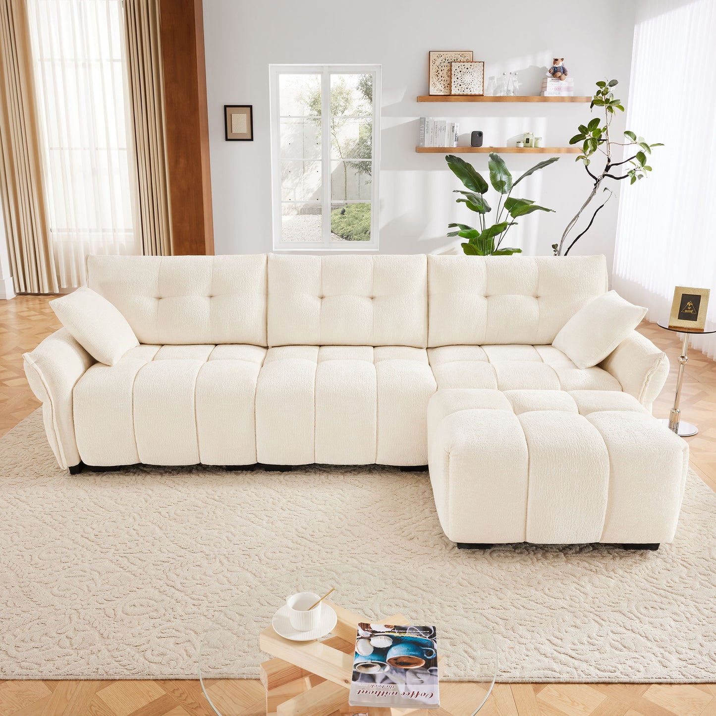 Sofa Set With Ottoman And Pillows, Textured, High Resilience Cushions