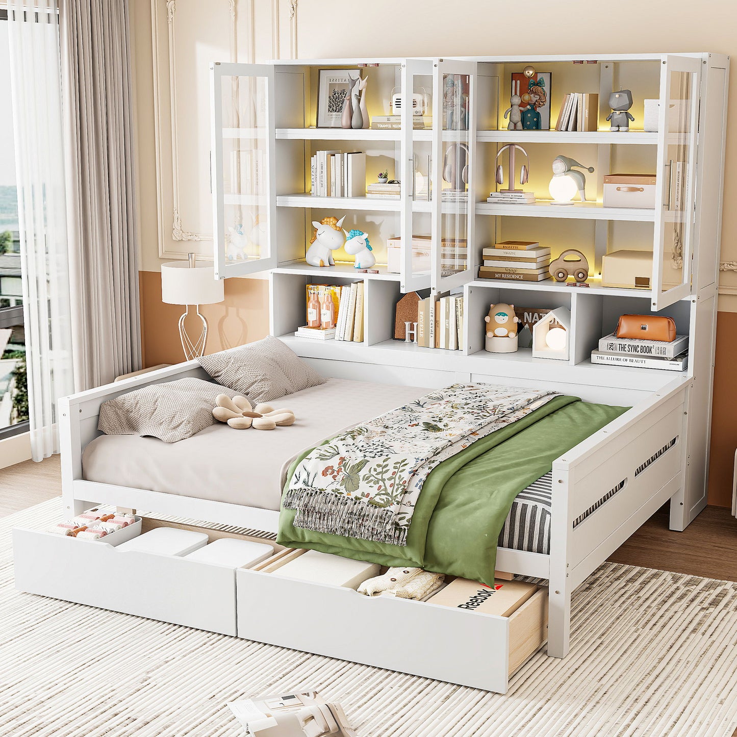 Daybed With Glass Door Storage Cabinets, Built In LED Lighting And Shelves