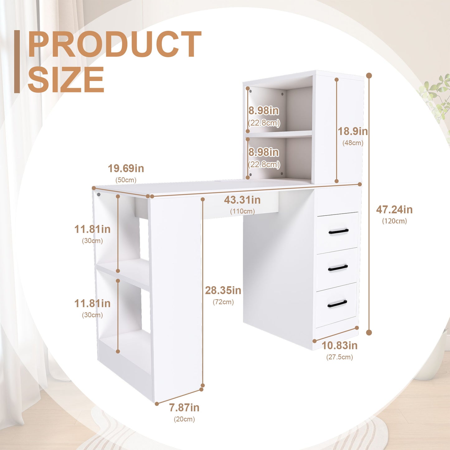Modern Computer Desk With Built In Socket 3 Slide Drawers 4 Storage Levels - White