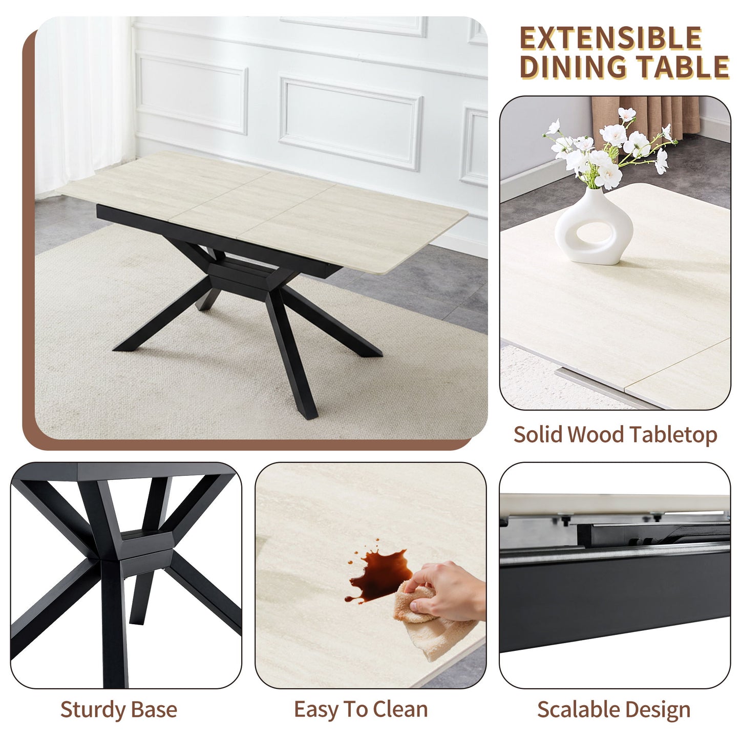 Rectangular Extendable Dining Table With Geometric X Frame, Kitchen Table For Dining Room - Beige