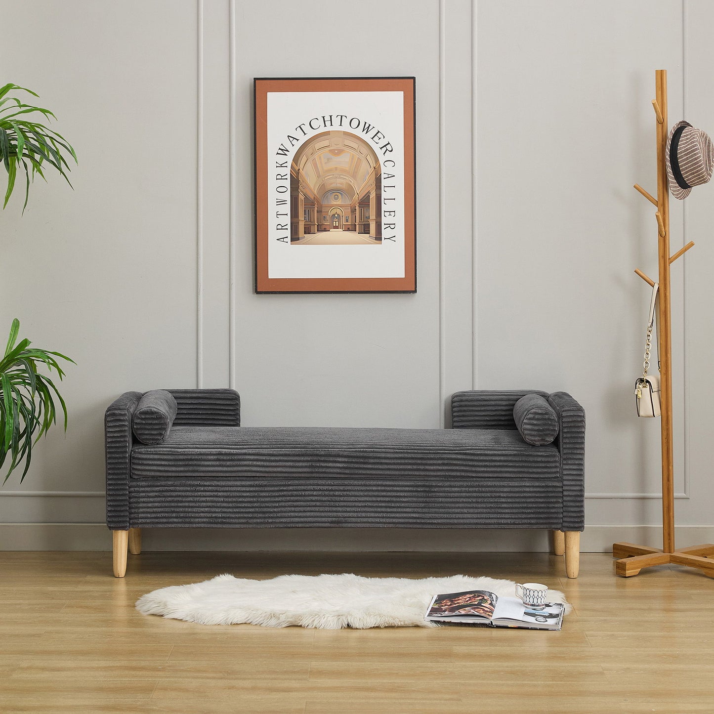 Wide Corduroy Storage Soft Bench With Armrests, Backrest And Two Bolster Pillows