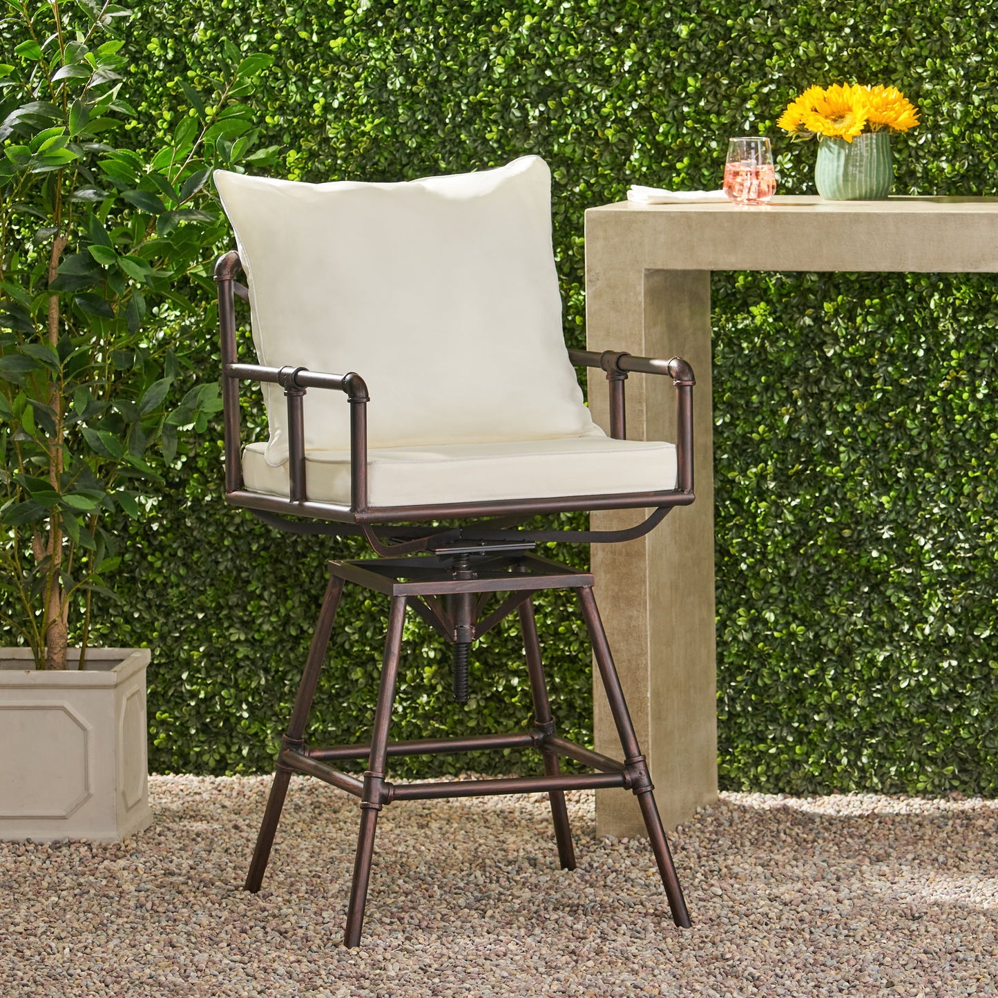 Industrial Outdoor Patio Plumber's Iron Frame Swivel Barstool With Cushions, Height Adjustable